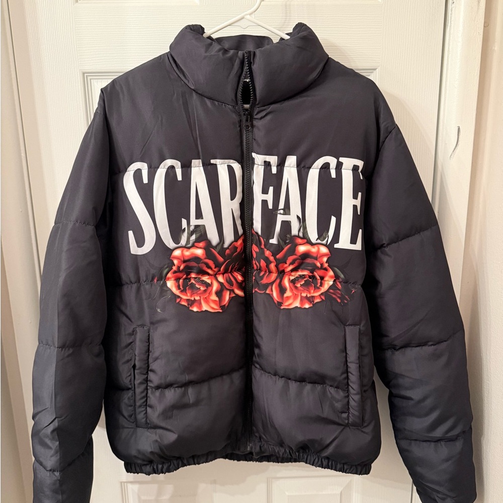 Scarface Black Puffer Jacket with Red Rose Design
